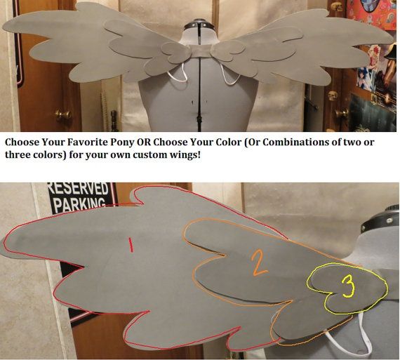 two different views of a mannequin's head with wings on it and the words choose your color for combinations of two or three colors for your own custom wings