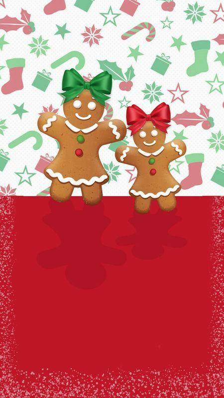 two gingerbreads are standing next to each other on a red and green background