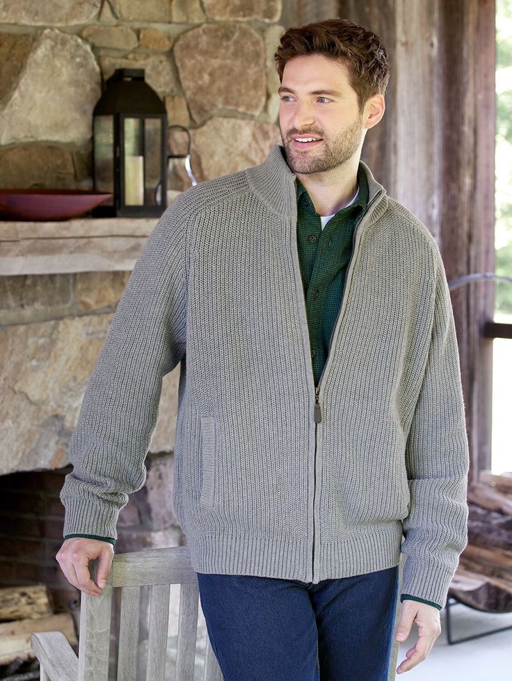 Add a Handsome (and Easy-Fitting) Layer With ?Our Richly Textured Shaker-Stitch Cardigan Cozy Cotton Knit Outerwear, Knit Outerwear With Zipper Closure For Fall, Fall Knit Outerwear With Zipper Closure, Fall Cotton Sweater With Zipper Closure, Cotton Sweater With Zipper Closure For Fall, Knit Cotton Outerwear For Layering, Winter Cotton Sweater With Zipper Closure, Winter Cotton Cardigan With Zipper Closure, Classic Winter Cardigan With Zipper Closure