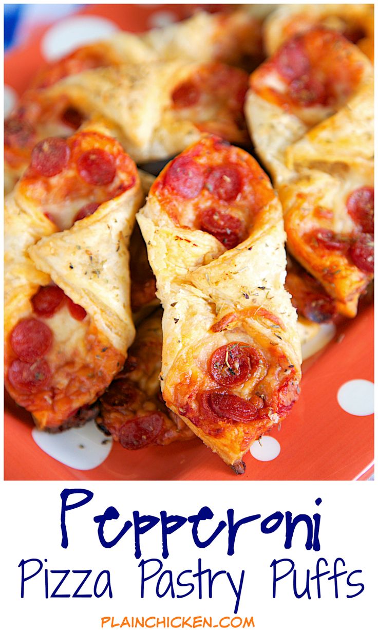 pepperoni pizza pastry puffs on a red plate