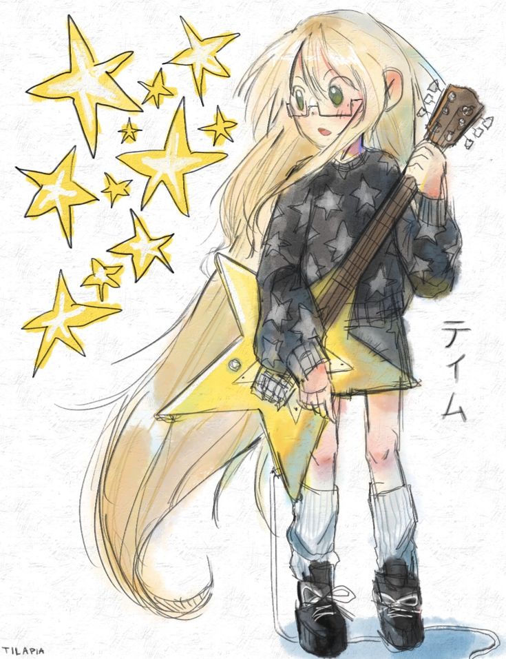 a drawing of a girl holding a guitar in her hand and stars above her head