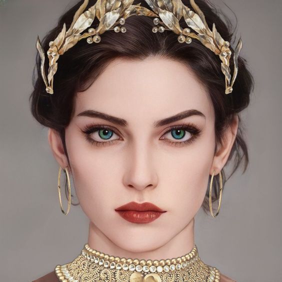 a woman with blue eyes wearing a gold necklace and earring set on her head