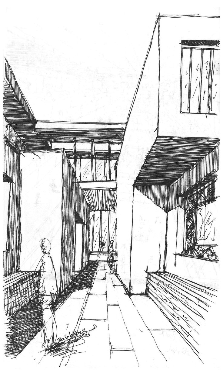 an ink drawing of a man walking down the street in front of a building with lots of windows