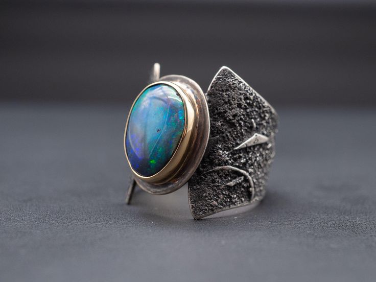 Abstract Lightning Ridge Opal Ring - Size 8 - Ecotone Jewelers Fusion Style Opal Gemstone Jewelry, Fusion Style Opal Jewelry Gift, Fusion Style Opal Ring For Anniversary, Fusion Style Opal Jewelry For Gifts, Distressed Ring, The Fifth Element, Angular Design, Lightning Ridge Opal, Fifth Element