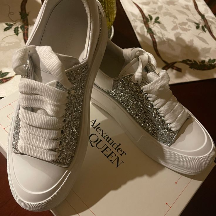 Mew Crystal Glitter Sneakers White Leather Sneakers With Glitter Accents, White Leather Glitter Sneakers, White Leather Sneakers With Glitter, Spring White Glitter Sneakers, White Low-top Sneakers For Party, Party White Sneakers With Glitter Accents, White Glitter Party Sneakers, Shoes Women Sneakers, Mcqueen Shoes