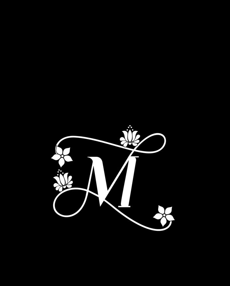 the letter m is made up of flowers and leaves on a black background with white lettering