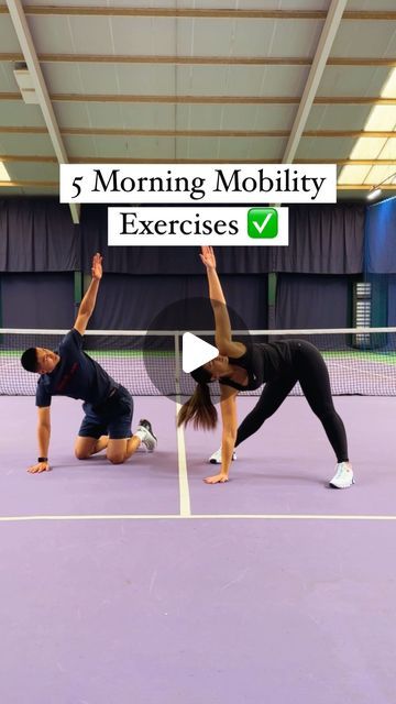 two people on a tennis court with the words 5 morning motivy exercises above them