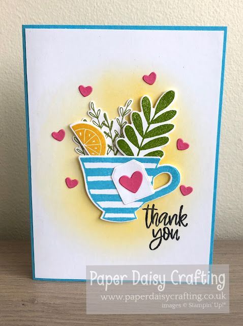 a handmade card with a cup of coffee and hearts on the side that says thank you