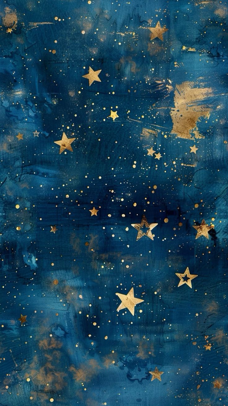 an abstract painting with gold stars and blue background