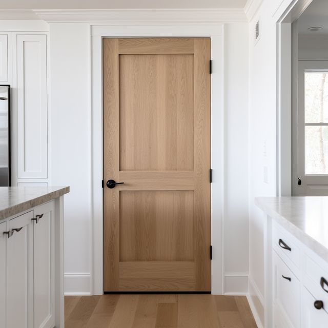 a wooden door in a white kitchen with wood flooring and counter tops on both sides