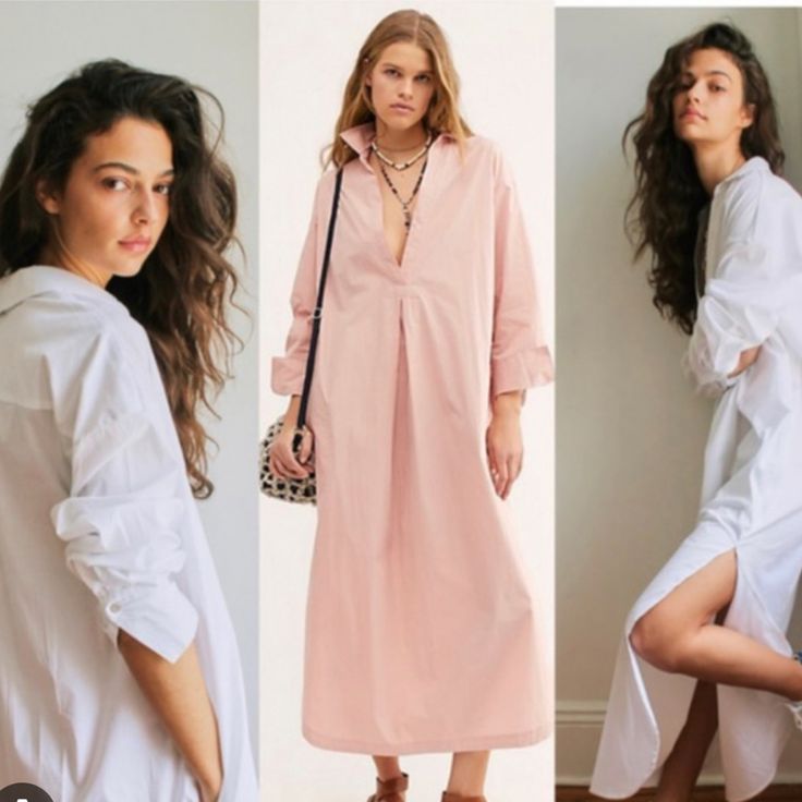 Simple And Structured Shirt Dress Featuring Plunging V-Neckline In A Maxi Length, Shapeless Silhouette. Effortless Pull-On Style Side Pockets Pleating At Front Made In The Usa. Elegant Pink V-neck Shirt Dress, V-neck Shirt Dress For Summer Brunch, Summer V-neck Shirt Dress For Brunch, Chic V-neck Shirt Dress For Daywear, V-neck Shirt Dress For Day Out, Feminine V-neck Shirt Dress For Summer, Pink V-neck Shirt Dress For Summer, Chic Pink Shirt Dress For Brunch, Feminine V-neck Shirt Dress For Day Out