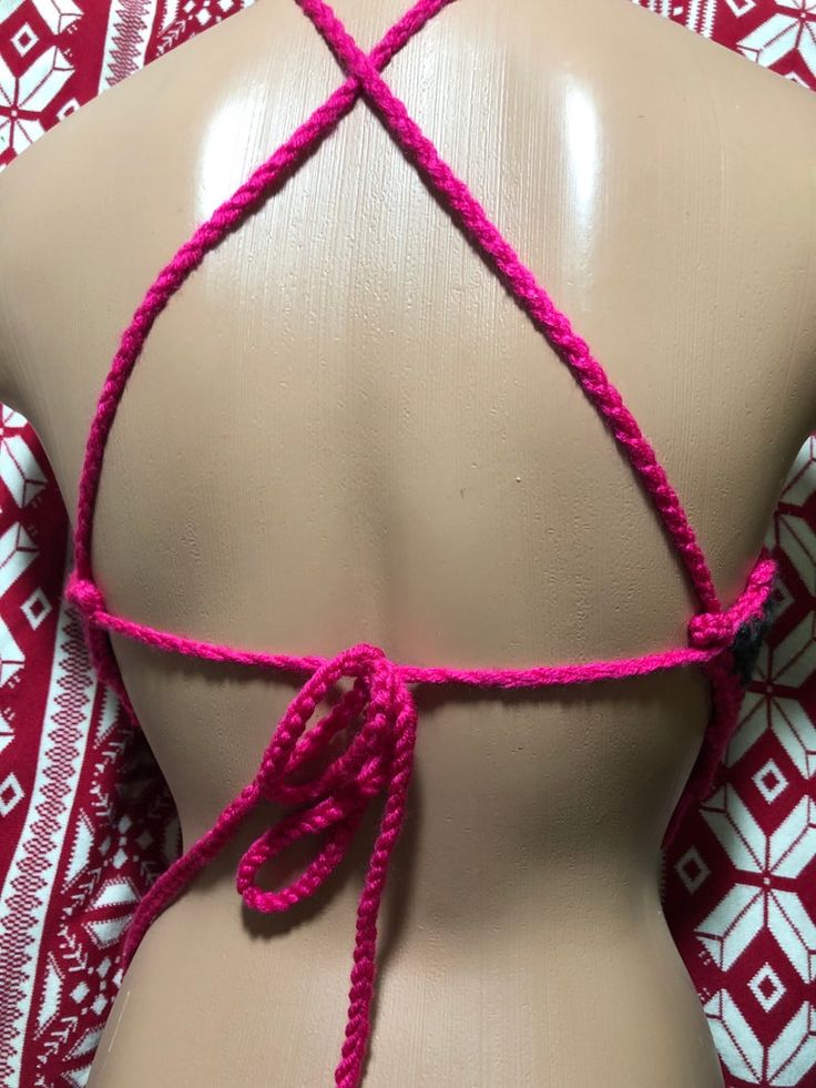 Crochet bikini festival wedding hobo top with seashells. | Etsy Festival Crochet Stretch Swimwear, Pink Triangle Crochet Top For Beach, Pink Triangle Crochet Top For The Beach, Bohemian Stretch Triangle Crop Top, Bohemian Stretch Crop Top With Triangle Shape, Handmade Yarn Crochet Top For Beach, Handmade Fitted Pink Swimwear, Stretch Pink Halter Top For Festivals, Pink Stretch Halter Top For Festival