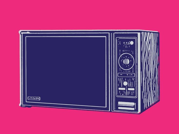 a blue microwave oven on a pink background