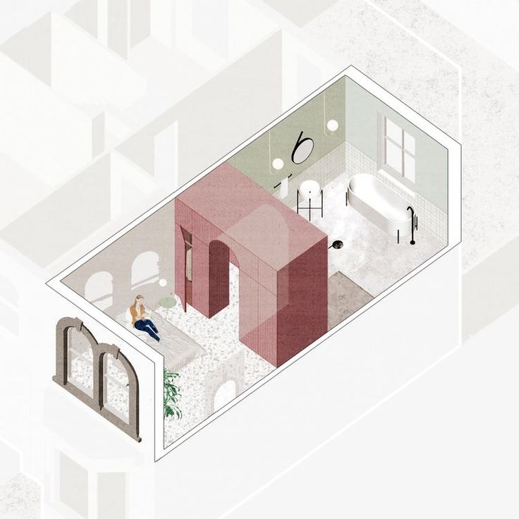 an aerial view of a bathroom and living room in a house, with the floor plan drawn out