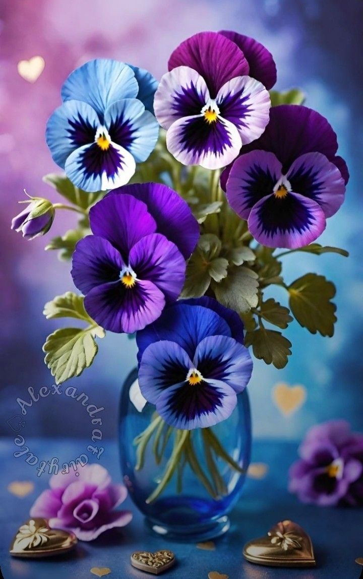 purple and blue pansies in a glass vase on a table with confetti