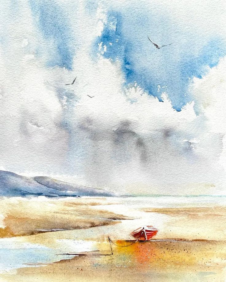 a watercolor painting of a boat on the beach