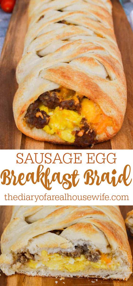 sausage egg breakfast braid on a cutting board with tomatoes in the background and text overlay reading sausage egg breakfast braid