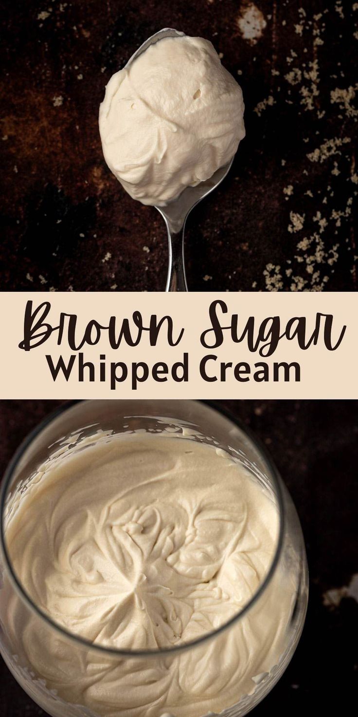 a spoon with whipped cream in it and the words brown sugar whipped cream