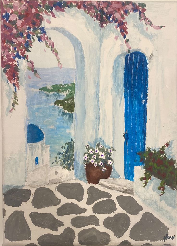 a painting of a blue door and window with flowers