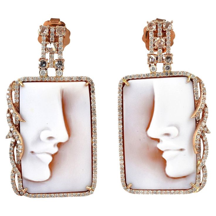 18K:14.97g,D:2.14ct, ,,SHELL CAMEOS:32.90 Vintage Cameo Jewelry, Sea Shell Jewelry, Seashell Earrings, Cameo Earrings, Diamond Face, Seashell Jewelry, Cameo Jewelry, Diamond Dangle Earrings, Daily Jewelry