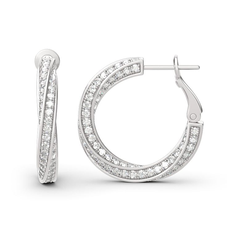 You don't need a special occasion to treat her to the sparkle and shine of these hoop earrings. Crafted in sterling silver,each hoop dazzles with a textured twist. These hoop earrings features a sparking round cut stones on each earring. Polished to a brilliant shine, these hoops secure with hinged backs. With the textured twist design, it creates a unique and romantic look that never succumbs to trends.Carat Weight: 6.612 ctStone Size: 1.5 mmStone Type: Jeulia® StoneNumber of Stones: 232 Stone Jeulia Jewelry, Big Hoop Earrings, Alloy Earrings, Silver Jewellery Sets, Moissanite Earrings, Earrings Hoop, Sterling Silver Hoop Earrings, Diamond Hoop Earrings, Sterling Silver Hoops