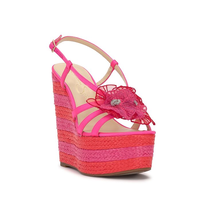 Jessica Simpson-Visela Wedge Sandal Showcase your elegant side with the Visela wedge sandal from Jessica Simpson. Lovely embroidered floral detailing with center embellishments on the front straps adorn this slingback sandal styled with a two-tonal, braided raffia-like wedge heel and platform to enhance its fashionable looks. Knitted Romper, Cruise Outfits, Girly Shoes, Slingback Sandal, Sandal Fashion, Jessica Simpson, Wedge Heels, Wedge Sandals, Open Toe