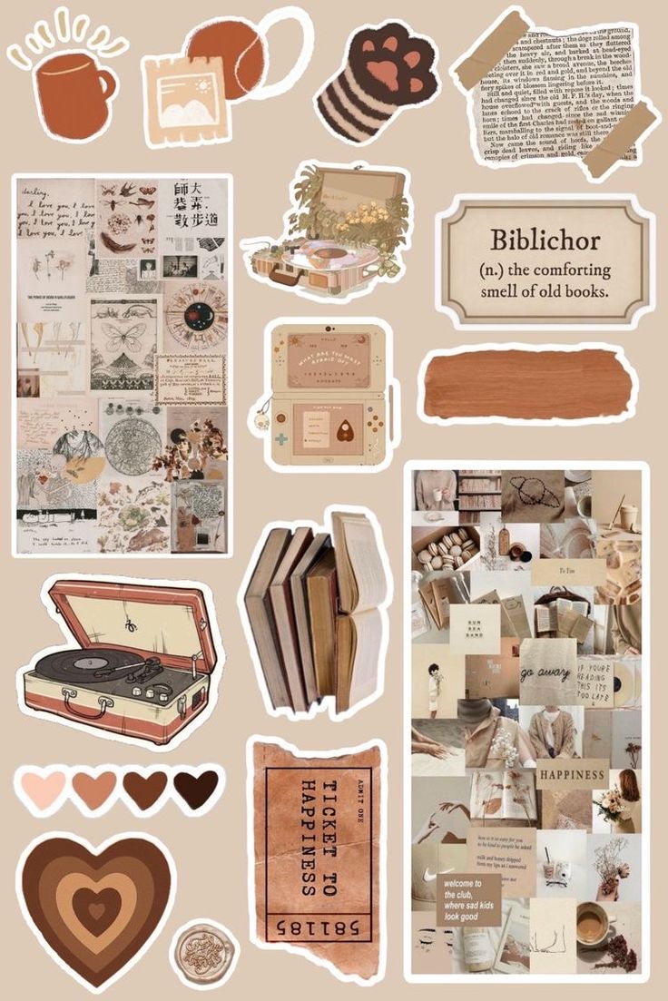 an assortment of stickers that include books, papers and other things in the shape of hearts