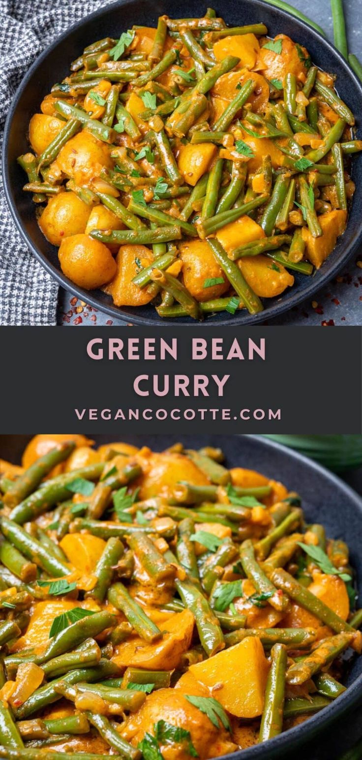 green bean curry with oranges in a black bowl