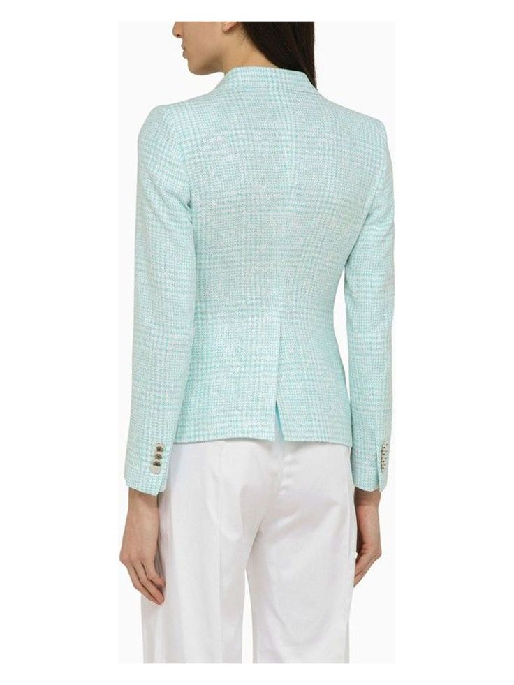 This stylish double-breasted jacket is perfect for adding a touch of sophistication to any outfit. Crafted in a light blue hue, it's both chic and versatile, making it a wardrobe staple for every season. You'll love the blend of comfort and elegance that this piece offers. Peaked lapels for a sharp, polished look Long buttoned sleeves for a tailored fit Front button fastening for easy wear Two flap pockets for functionality and style Welt pocket on the chest for added detail Single vent on the b Logo Tag, Double Breasted Jacket, Fitted Blazer, Womens Blazers, Breasted Blazer, Tweed Blazer, Check Pattern, Flip Flop, Welt Pocket