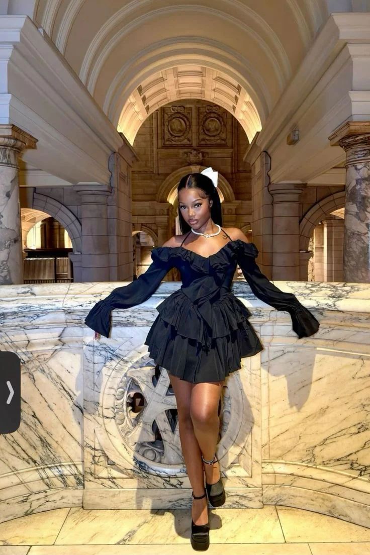 Sexy A line Off The Shoulder Long Sleeves Black Short Homecoming Dress Fancy Black Woman Aesthetic, Black Feminine Dress, Coquette Aesthetic Black Women, Black Date Outfit, Coquette Birthday Outfit, 19th Birthday Outfit Ideas, 19 Birthday Ideas Outfit, 19th Birthday Ideas Outfits, Fancy Date Night Outfit Classy