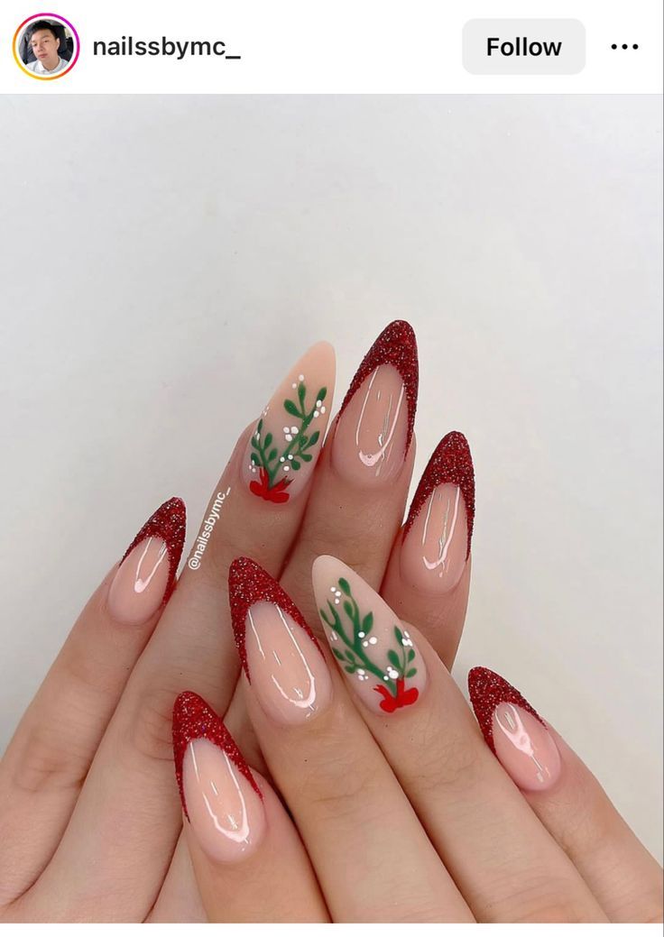 Holiday Glam Nails, Christmas Pearl Nails, Miseltoe Nails, Christmas Nails 2023 Almond, Holly Berry Nails, Nail Art Natal, Bow Nail Designs, Nail Art Noel, Dark Pink Nails