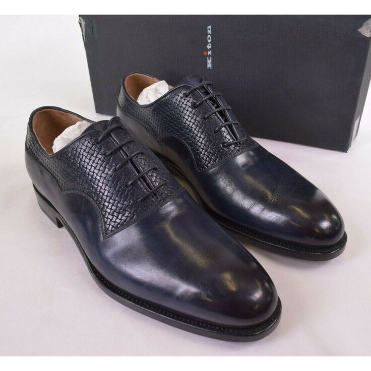 Kiton Blue Blue Business Dress Shoes With Textured Sole, Elegant Navy Oxfords For Formal Occasions, Blue Luxury Dress Shoes For Formal Occasions, Luxury Blue Oxfords With Goodyear Welt, Luxury Blue Oxfords For Formal Occasions, Navy Leather Shoes For Formal Occasions, Blue Business Dress Shoes With Removable Insole, Elegant Navy Leather Shoes For Formal Occasions, Luxury Blue Dress Shoes For Semi-formal Occasions