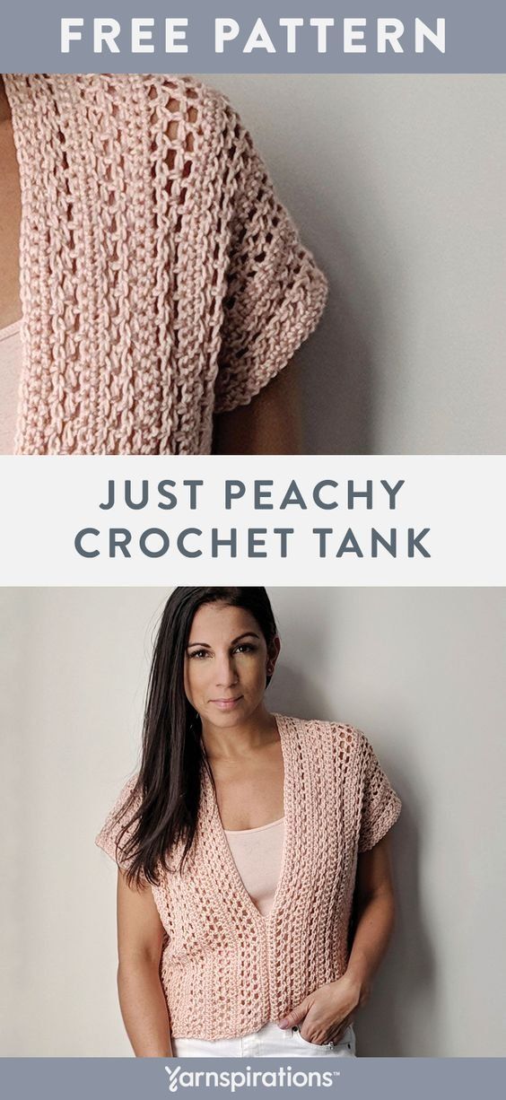 a woman wearing a pink sweater and white pants with the text just peachy crochet tank