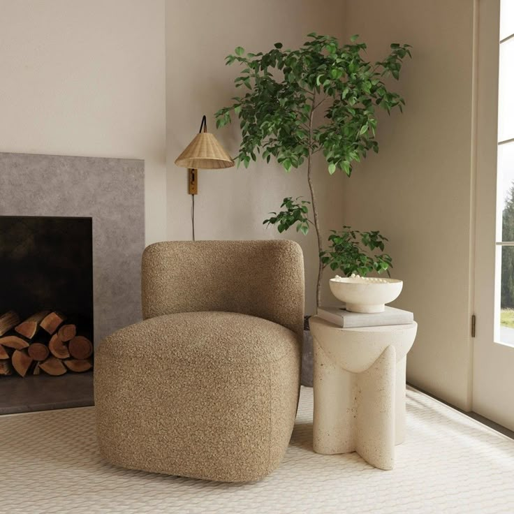 a living room with a chair, potted plant and fire place