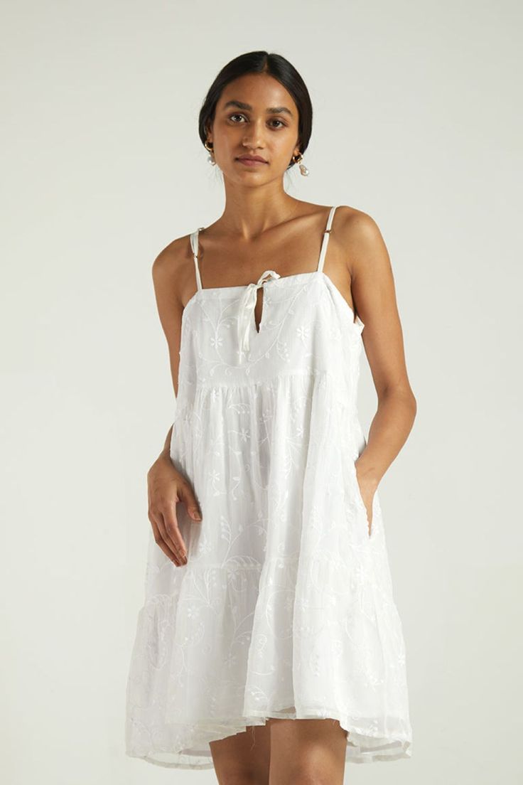 White Sleeveless Tier Dress for Women Biodegradable Materials, Maxi Dress Collection, Strappy Midi Dress, Tier Dress, Sustainable Clothing Brands, Low Carbon, White Chiffon, White Sleeveless, Carbon Footprint