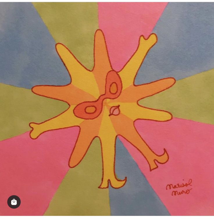 a drawing of an orange, yellow and pink starburst on a multicolored background