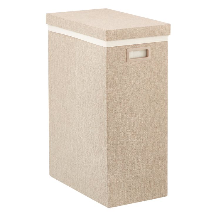 a beige storage box with a white lid and handle on the bottom, sitting against a white background