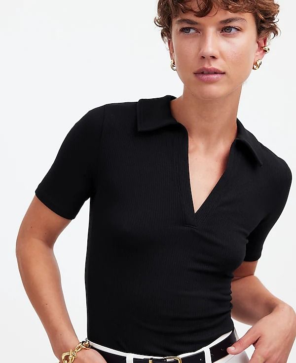 Drapey Rib Short-Sleeve Polo Top | Madewell Casual Tees, Ribbed Shorts, Lululemon Tops, Community Development, High Hips, Polo Top, Bralette Tops, Women's T Shirts, High Point