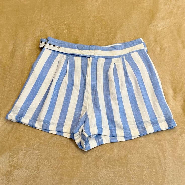 Brand New Never Worn Blue & White Striped Linen Shorts Adjustable Belt At Waist Blue Bottoms For Spring And Summer Outings, Blue Shorts For Summer Outings, Blue Cotton Shorts For Summer Outings, Striped High Waist Shorts For Summer, High Waisted Striped Shorts For Summer, High Waist Striped Shorts For Summer, Forever 21 Beach Shorts, Forever 21 Blue High-waisted Shorts, Forever 21 Shorts For Summer Day Out