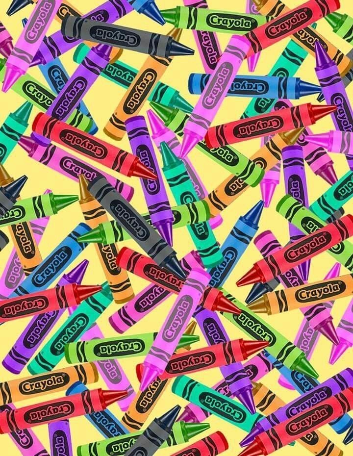 colorful crayons are arranged in the shape of an abstract pattern on a yellow background