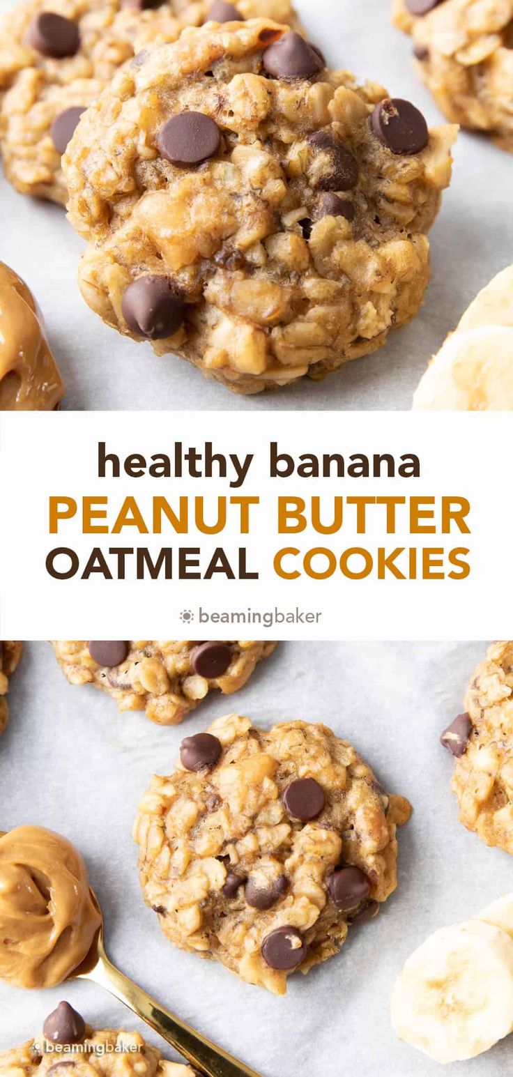 healthy banana peanut butter oatmeal cookies with chocolate chips and bananas on top