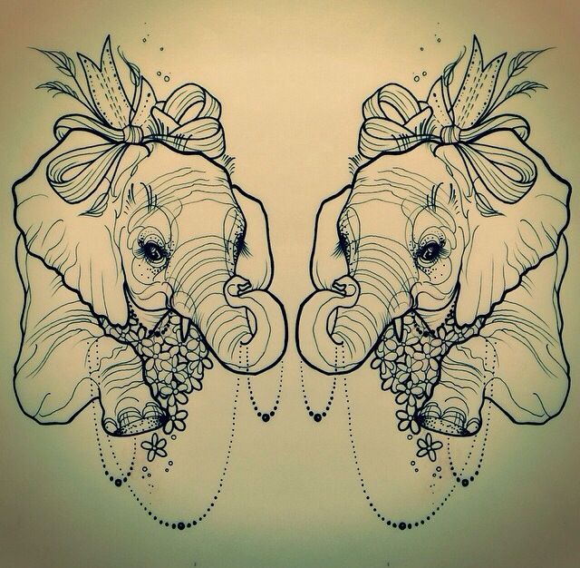 two elephants with bows on their heads are depicted in this artistic tattoo art design, which depicts the head of an elephant