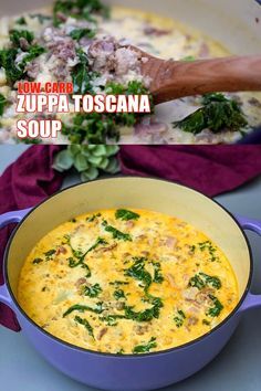 two pictures showing how to make zuppa toscana soup with spinach