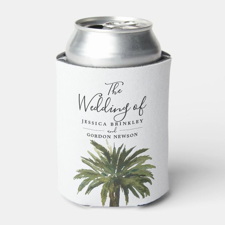 a can of beer with a palm tree on the front and label for the wedding of