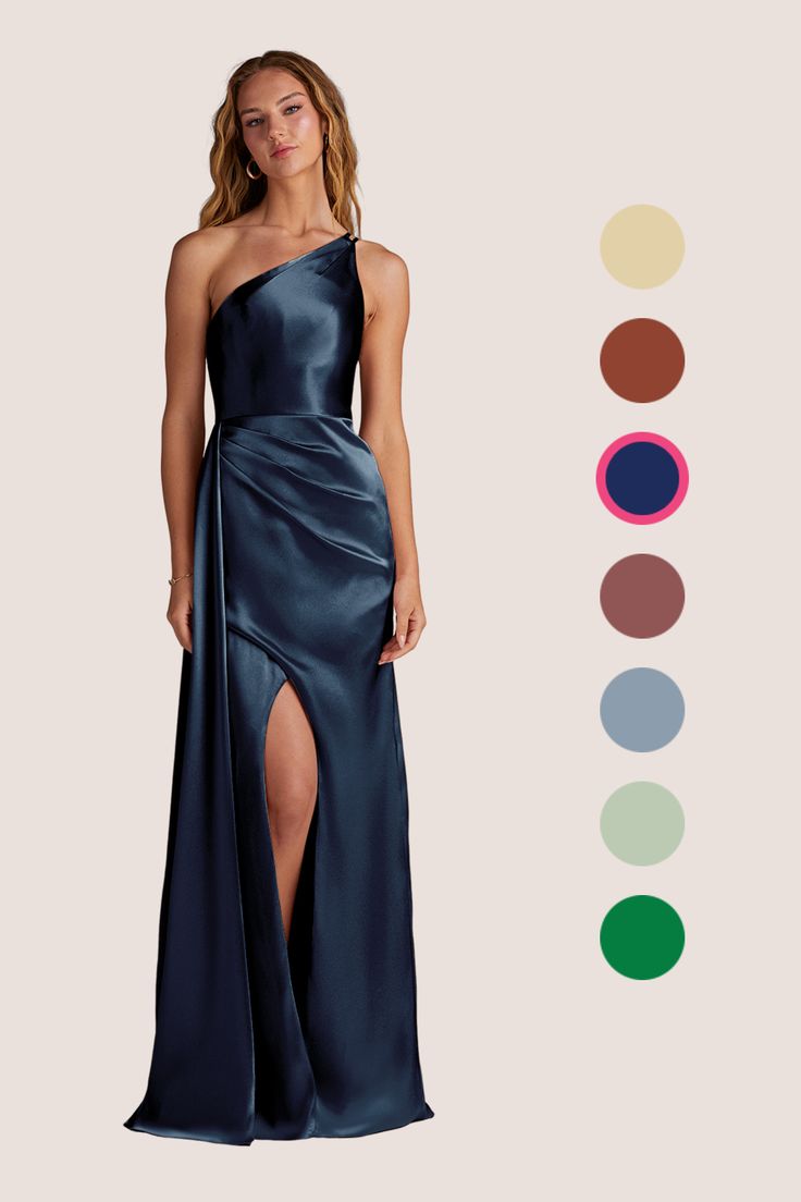 a woman in a long blue dress with different color options on the side and an image of