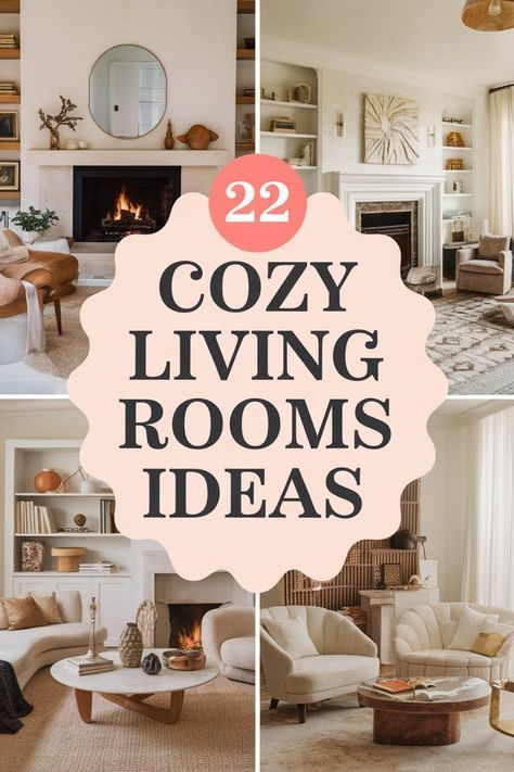 cozy living rooms with fireplaces and couches are featured in this postcard image