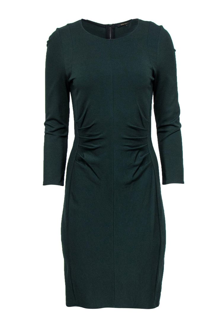 Current Boutique-Kobi Halperin - Dark Green Ruched Sheath Dress Sz 8 Chic Ruched Dress For Work, Flattering Ruched Dress For Work, Ruched Dresses For Workwear, Dressy Ruched Dresses For Workwear, Flattering Fall Workwear Dresses, Green Ruched Workwear Dress, Green Ruched Dress For Work, Ruched Dresses For Workwear In Fall, Ruched Dresses For Fall Workwear