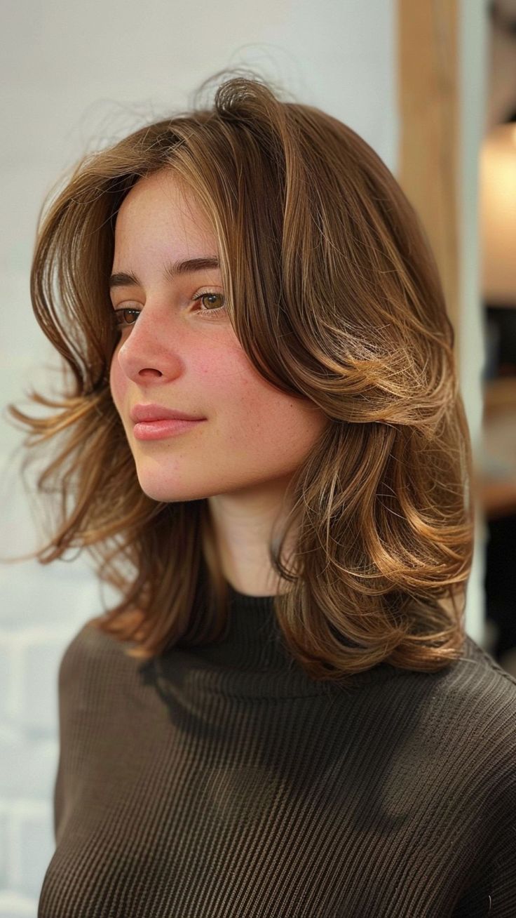 28 Feathered Haircut Ideas for Free Spirits Medium Hair Feathered Layers, Classic Shoulder Length Hair, Retro Layered Hair, Short Layers On Medium Length Hair, Medium Length Haircut With Layers Blonde, Medium Length Cuts For Thick Hair, Mid Length Choppy Layers, Medium Length Hair No Layers, Medium Wavy Haircuts With Bangs