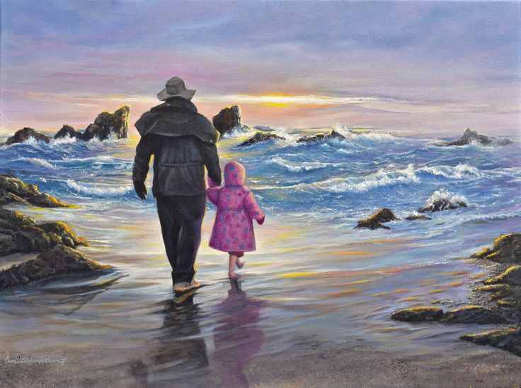 a painting of a father and daughter walking into the ocean