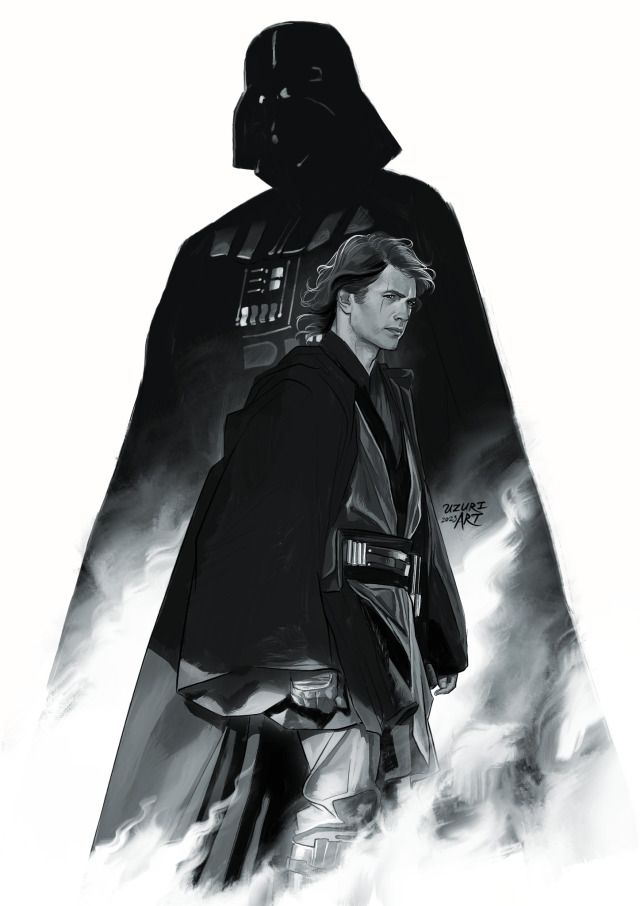 a black and white drawing of darth vader standing in front of a star wars poster